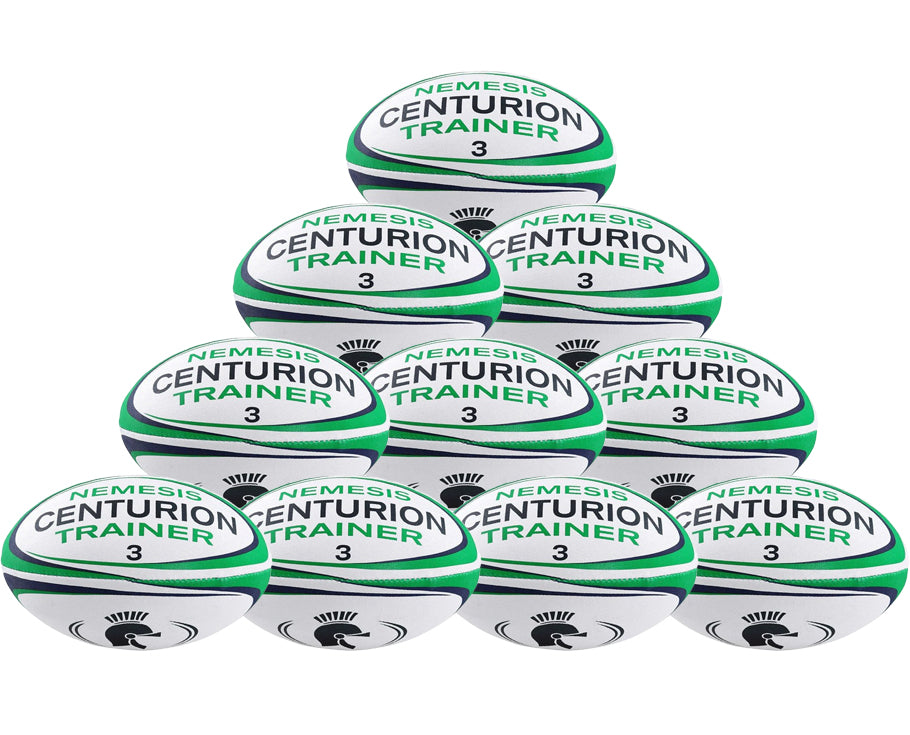 Ten Centurion Nemesis Trainer Rugby Balls are stacked in a pyramid. Each durable ball from Centurion features a water-repellent rubber surface for top performance and is included in the convenient Ten Pack.