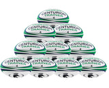 A pyramid stack of ten Centurion Nemesis Trainer Rugby Balls in white, green, and black shows these durable Centurion training balls on a plain white background.