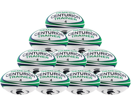 A pyramid stack of ten Centurion Nemesis Trainer Rugby Balls in white, green, and black shows these durable Centurion training balls on a plain white background.