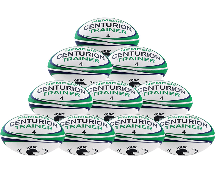 A pyramid stack of ten Centurion Nemesis Trainer Rugby Balls in white, green, and black shows these durable Centurion training balls on a plain white background.