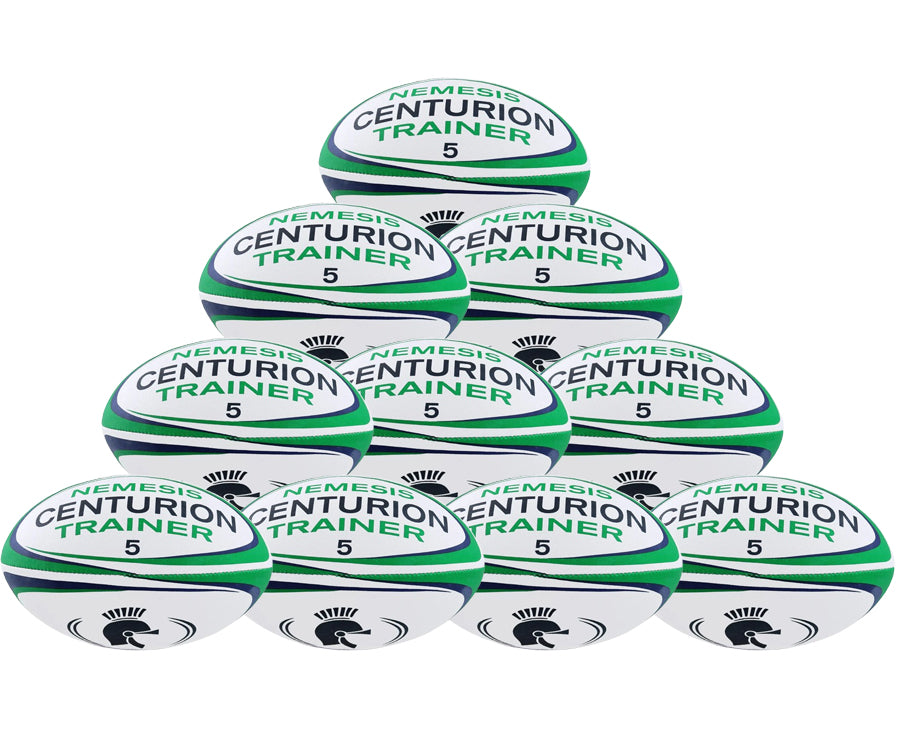 A stack of ten Centurion Nemesis Trainer Rugby Balls in white, green, and black, each marked "Centurion Trainer 5" with a helmet logo. Brand: Centurion. Sold as a Ten Pack.