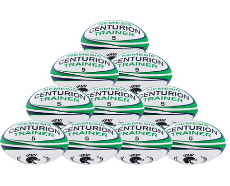 A stack of ten Centurion Nemesis Trainer Rugby Balls in white, green, and black, each marked "Centurion Trainer 5" with a helmet logo. Brand: Centurion. Sold as a Ten Pack.