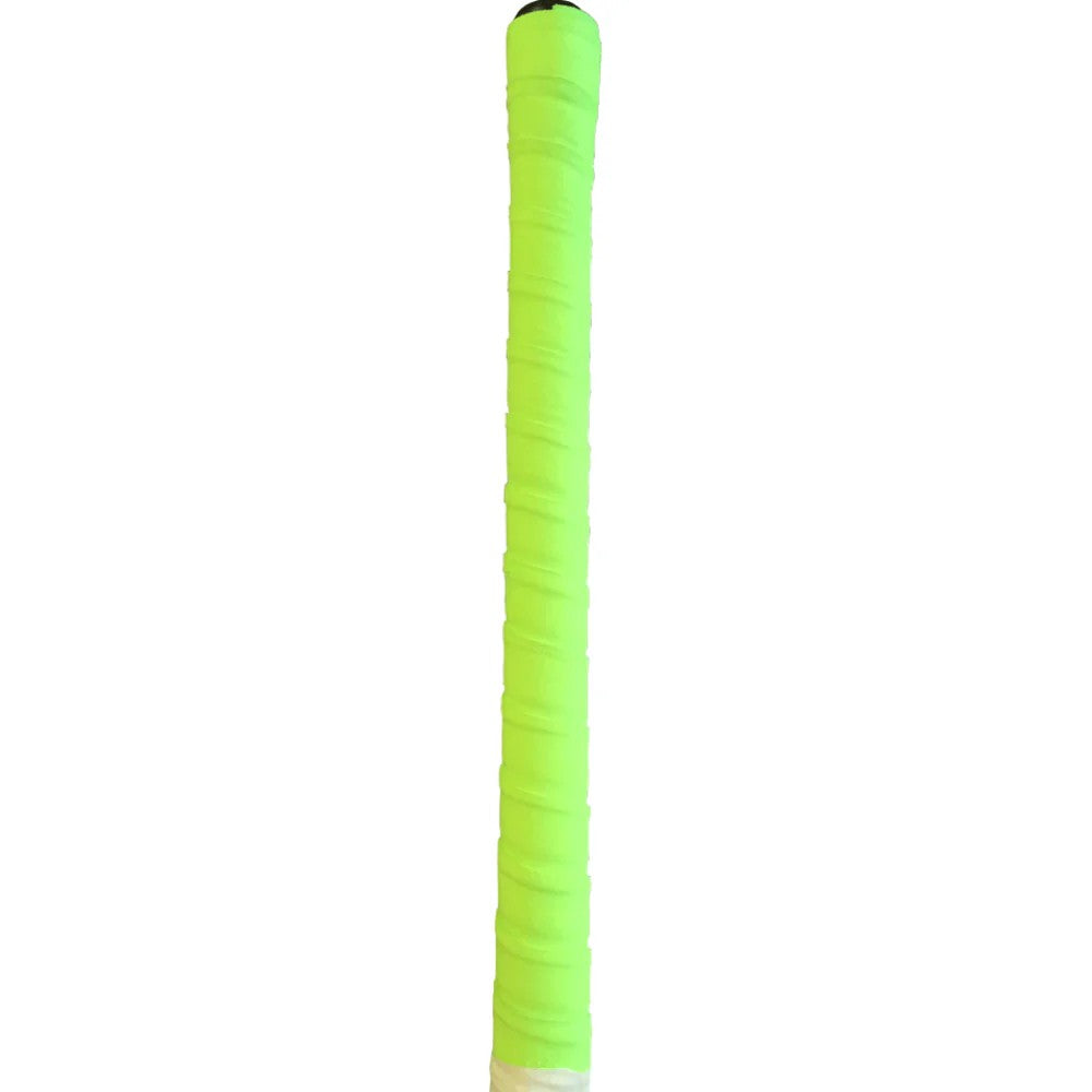 The Mercian Chamois Hockey Grip - Pack of 10 features bright neon green grips, tightly wrapped around the handle like a tennis racket grip, displayed vertically against a white background.