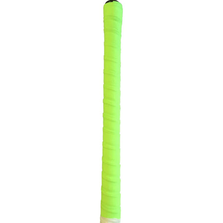 The Mercian Chamois Hockey Grip - Pack of 10 features bright neon green grips, tightly wrapped around the handle like a tennis racket grip, displayed vertically against a white background.