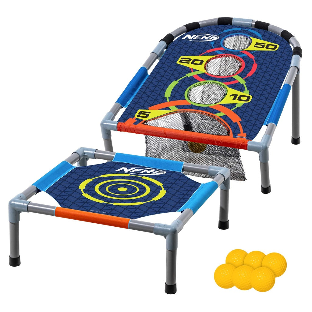 The Nerf Bounce N Score set by Nerf includes two blue and gray frames—one with three scoring holes and a net, the other with a bullseye target—plus six yellow balls for exciting family target toss games.
