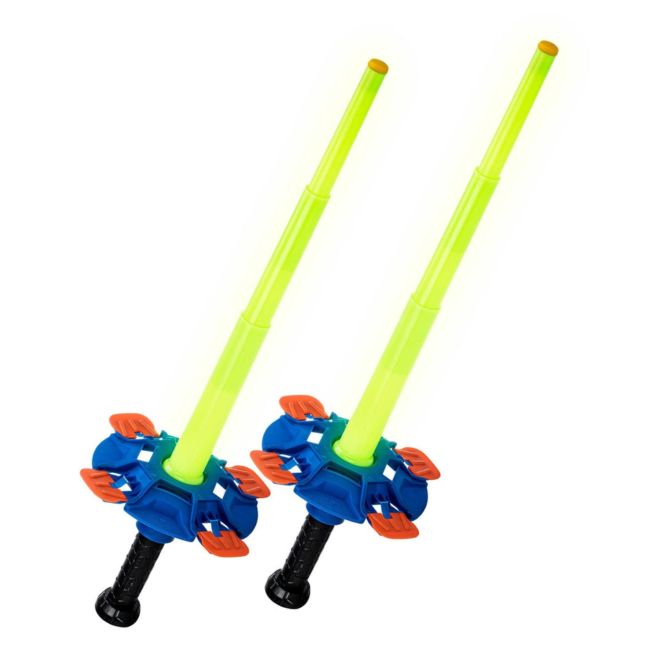 The Nerf Fencing Duel Set by Nerf features two foam swords with neon yellow blades, blue crossguards with orange accents, and black textured handles. Safe for kids, the swords are displayed side by side on a white background.