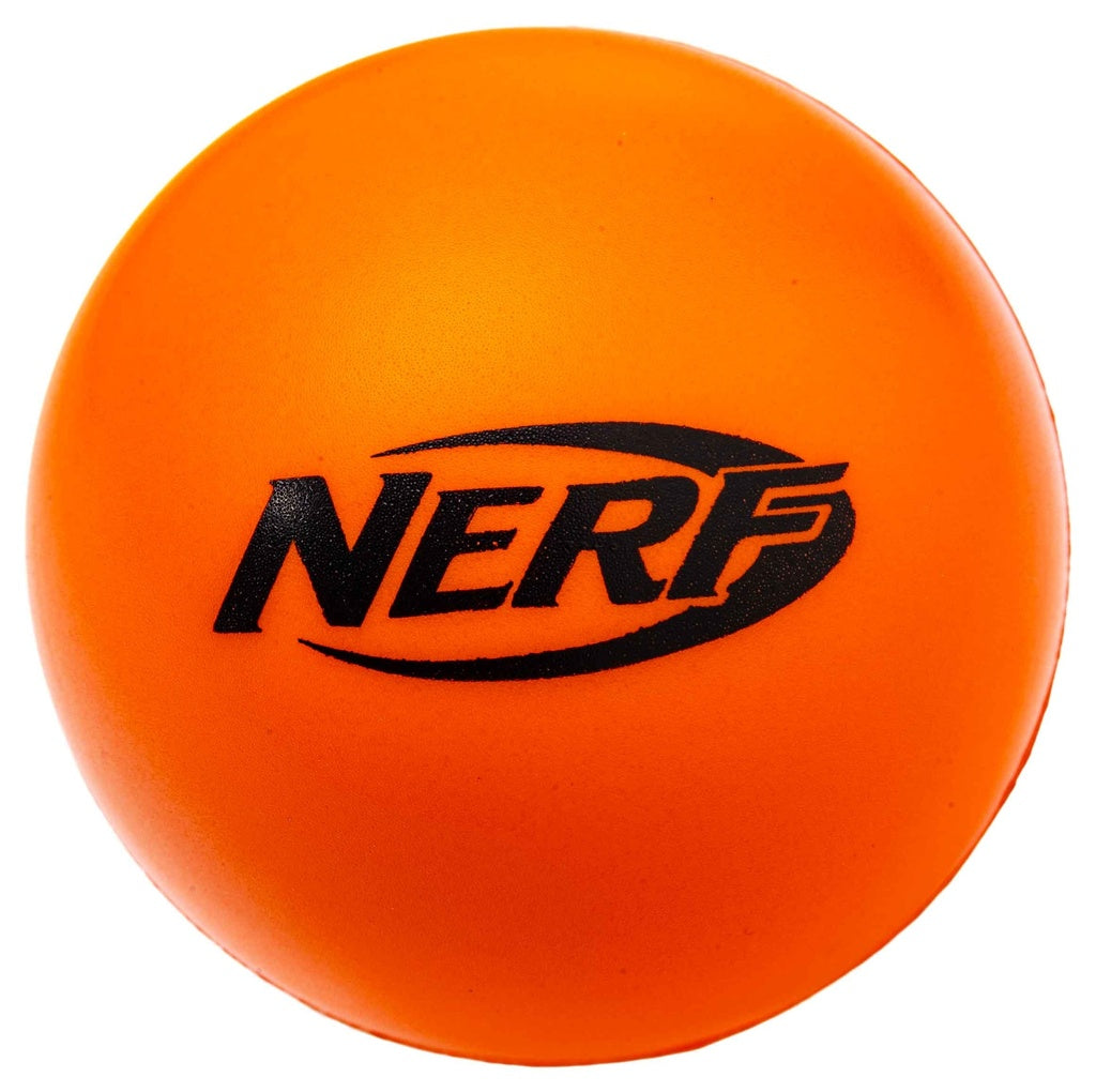 An orange foam ball with “NERF” in black, ideal for the Nerf Junior Driveway Tennis Set or any kids’ tennis games indoors or outdoors.