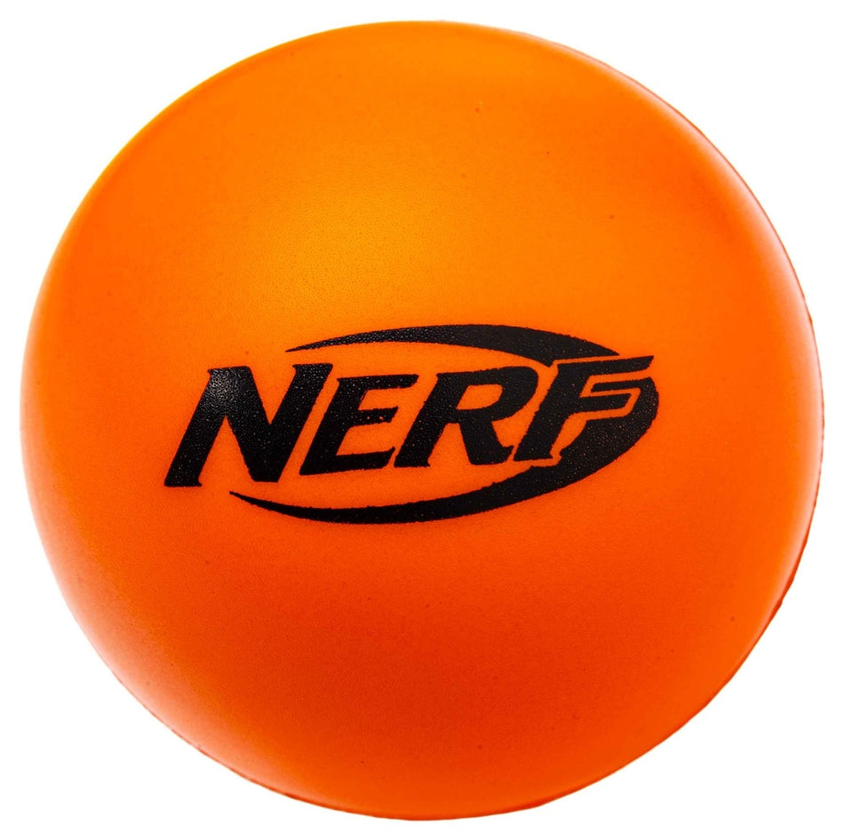 An orange foam ball with “NERF” in black, ideal for the Nerf Junior Driveway Tennis Set or any kids’ tennis games indoors or outdoors.