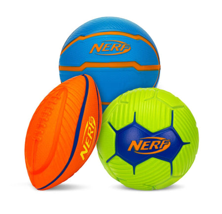 The Nerf Micro Stress Balls (pack of 3) by Nerf features a blue and orange basketball, an orange football, and a green and blue soccer ball, each with the iconic Nerf logo, shown on a white background.