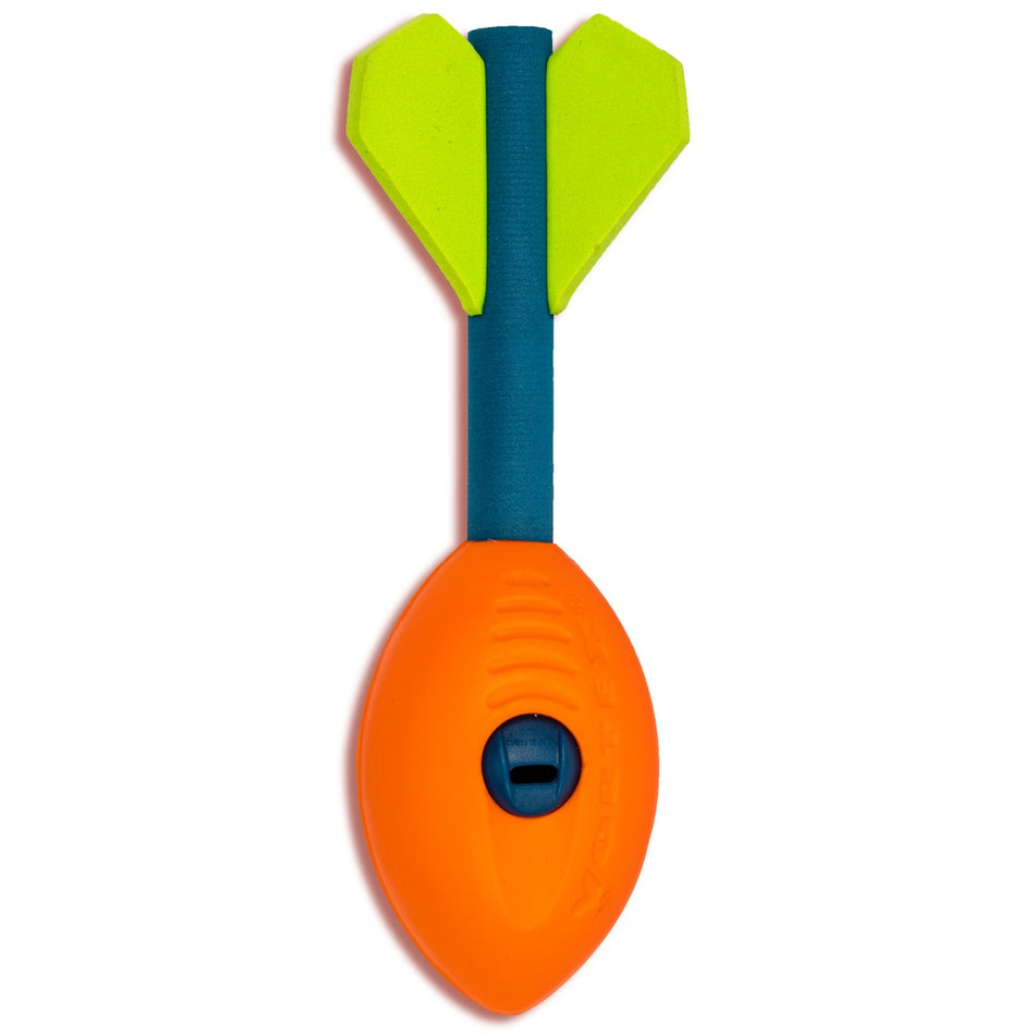 A brightly colored Nerf Pocket Vortex Howler toy with an orange football-shaped foam body, dark blue stem, and two neon green fins at the top is shown against a white background. Brand: Nerf.