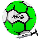 A green and white Nerf Proshot Soccer Ball with black outlines sits next to a small handheld pump with needle. Both durable items display the Nerf logo.