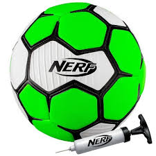 A green and white Nerf Proshot Soccer Ball with black outlines sits next to a small handheld pump with needle. Both durable items display the Nerf logo.