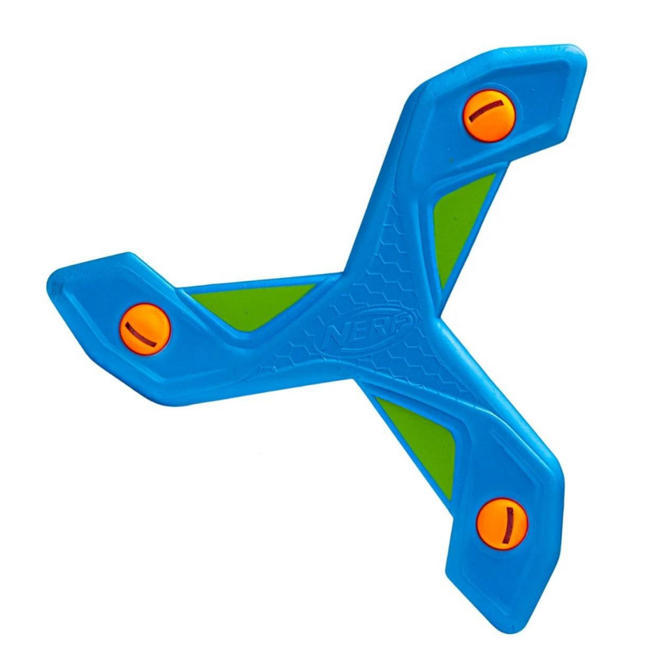 The Nerf Slingerang, by Nerf, is a blue and green foam boomerang with orange circular tip accents, perfect for outdoor play. Shown on a white background.
