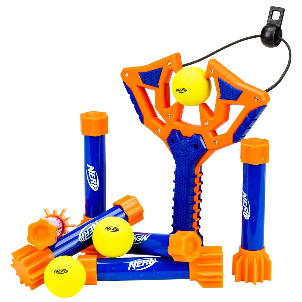 The Nerf Slingshot Challenge by Nerf features a blue-grip, orange-frame foam ball slingshot, yellow foam balls, and stackable blue-orange targets—ideal for fun indoor or outdoor play.