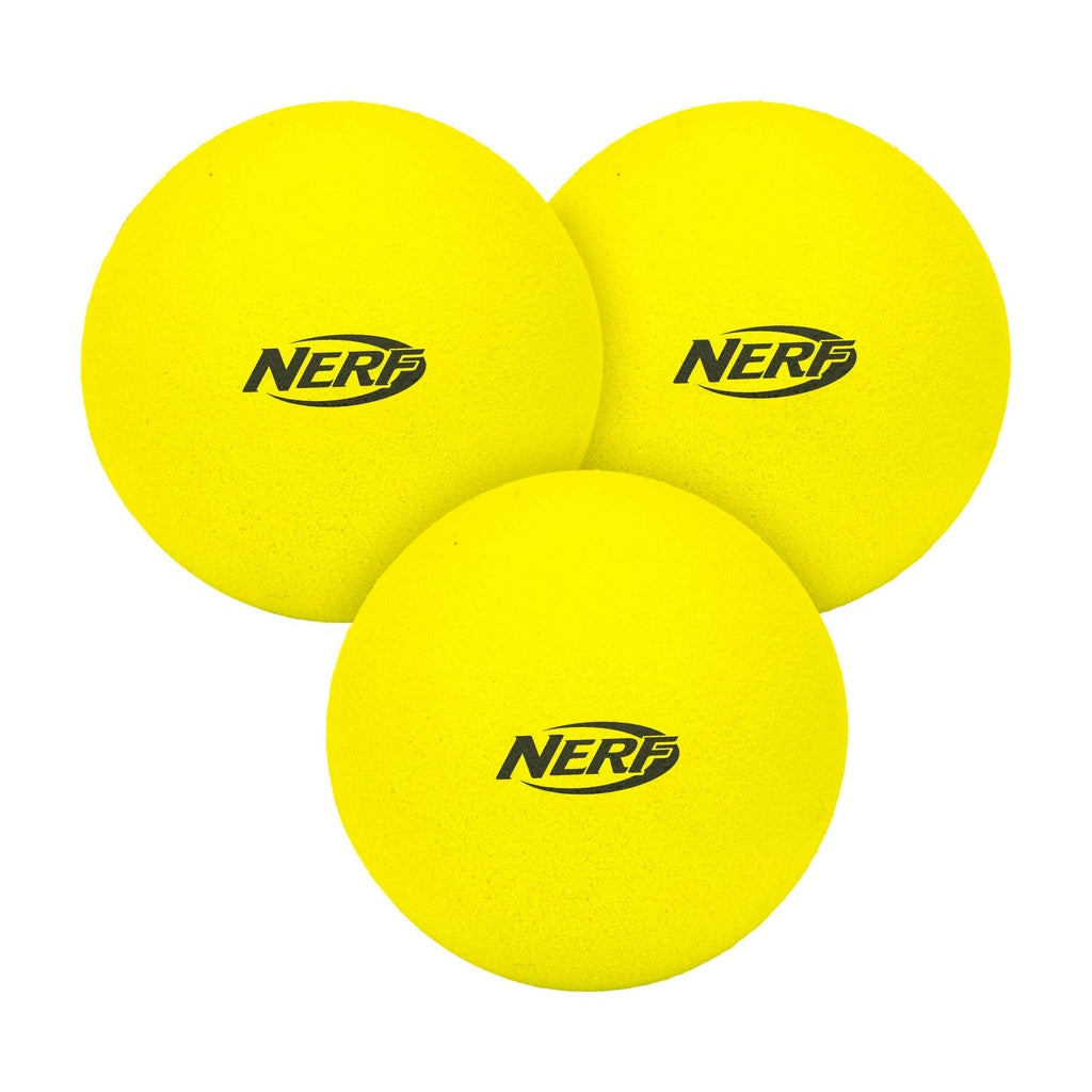Three bright yellow Nerf foam balls, each with the black Nerf logo, are arranged together on a white background—perfect for the Nerf Slingshot Challenge or indoor and outdoor games.