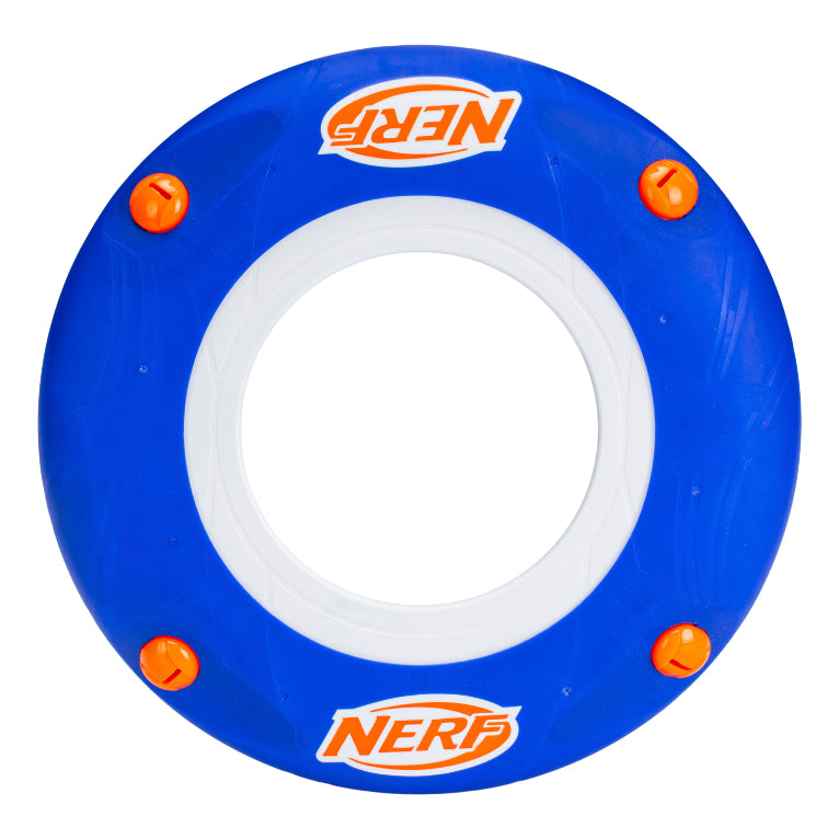 The Nerf Sonic Slinger Disc by Nerf is a blue, circular flying disc with an open center, orange accents, a soft grip for easy throwing, and features the Nerf logo in orange and white at the top and bottom.