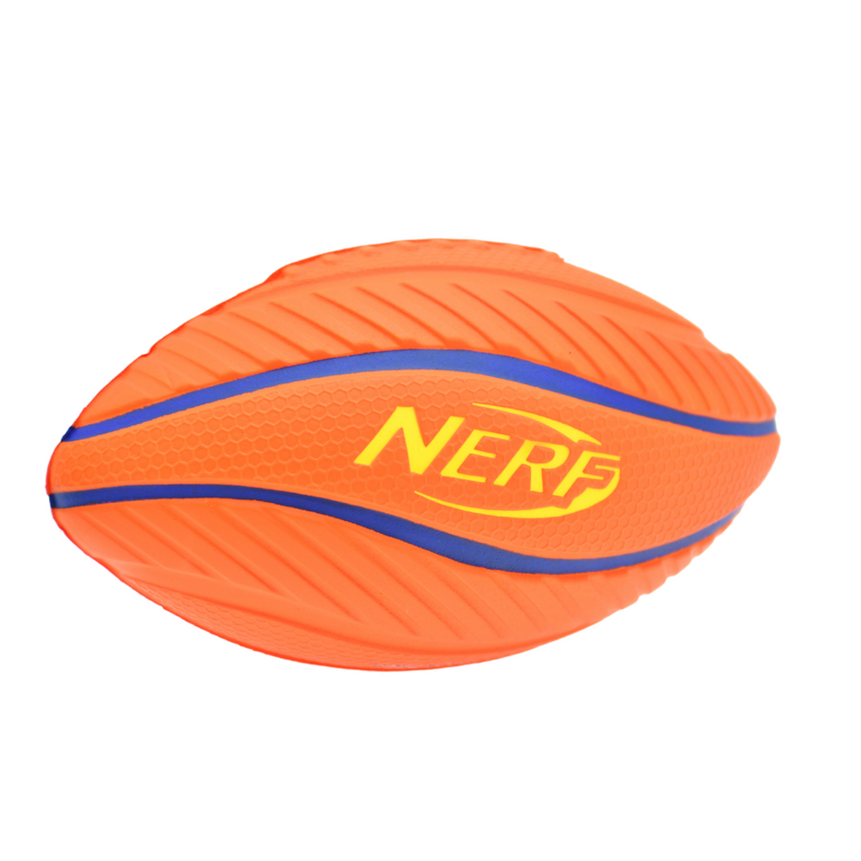 The Nerf Spiral Grip Mini Foam American Football is orange with blue and yellow accents, features "NERF" in yellow, and has a textured, wavy design for improved grip and fun play.