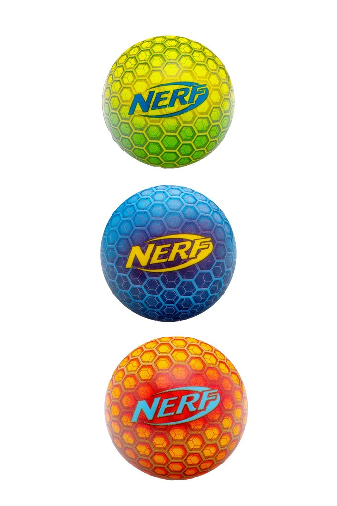 Three Nerf Super Bounce Balls, branded by Nerf, are stacked vertically: the top is yellow and green, the middle blue and purple, and the bottom orange and red. Each features a hexagonal pattern and the Nerf logo.