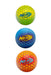 Three Nerf Super Bounce Balls, branded by Nerf, are stacked vertically: the top is yellow and green, the middle blue and purple, and the bottom orange and red. Each features a hexagonal pattern and the Nerf logo.