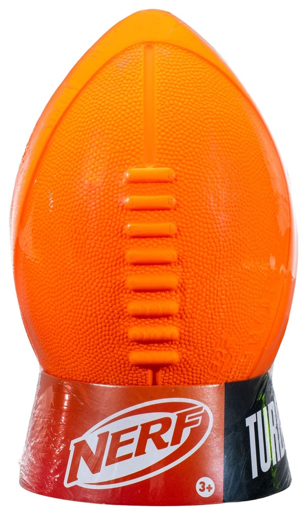 The Nerf Turbo American Football Jnr by Nerf is a bright orange foam football with a textured grip and Nerf logo, shown upright in its packaging. Suitable for ages 3+, it's perfect for active play as a kids football.