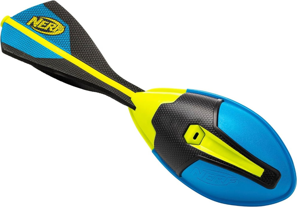 The Nerf Vortex Ultra Grip is a blue and yellow foam football featuring a textured black grip and tail fin for easy, all-weather throwing.