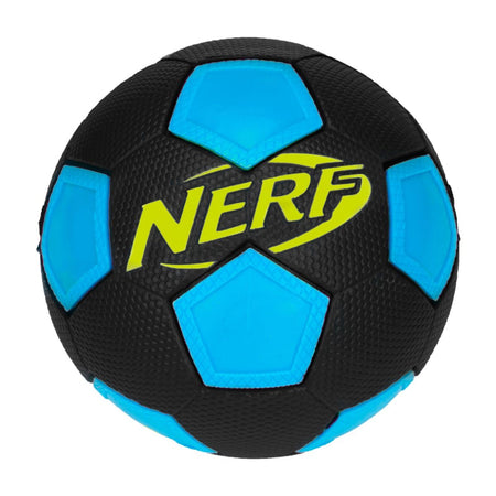 The Nerf Freestyle Soccer Ball is a black and blue kids ball with textured panels. "NERF" appears in yellow with a green swoosh on the center pentagon panel.