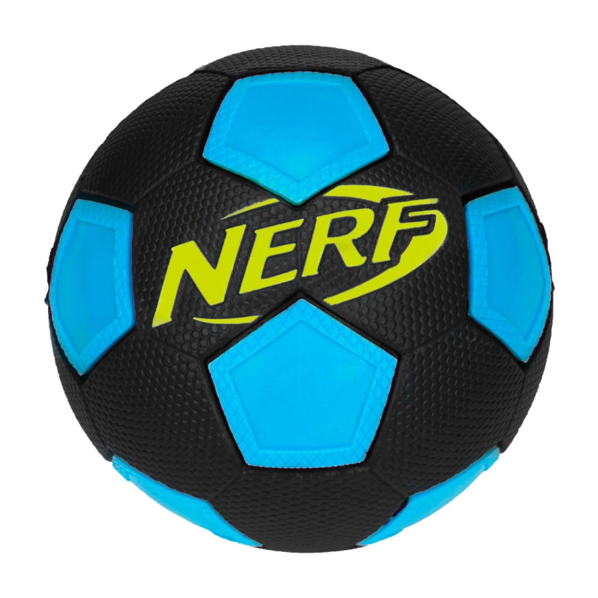 The Nerf Freestyle Soccer Ball is a black and blue kids ball with textured panels. "NERF" appears in yellow with a green swoosh on the center pentagon panel.