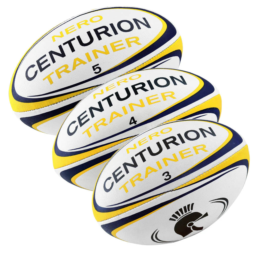 Three Centurion Nero Trainer Rugby Balls from the Centurion Nero Trainer Rugby Ball - Ten Pack are arranged diagonally. The lowest durable ball features a black centurion helmet graphic.