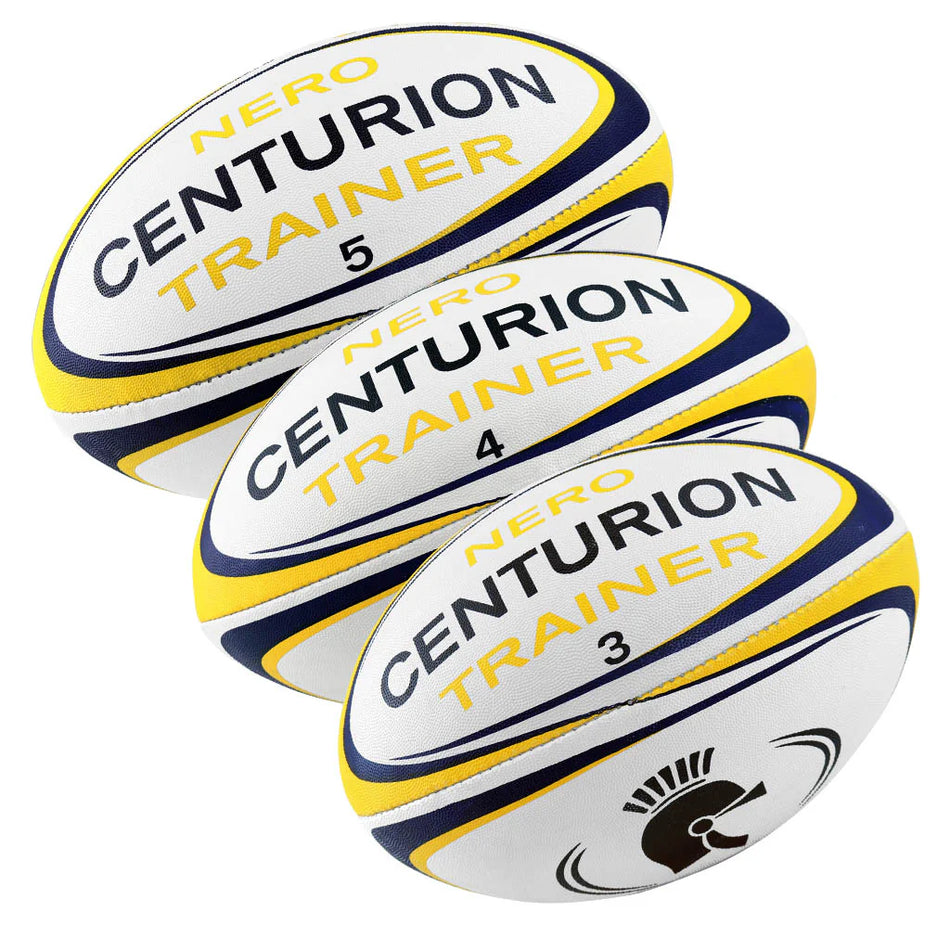 Three Centurion Nero Trainer Rugby Balls from the Centurion Nero Trainer Rugby Ball - Ten Pack are arranged diagonally. The lowest durable ball features a black centurion helmet graphic.