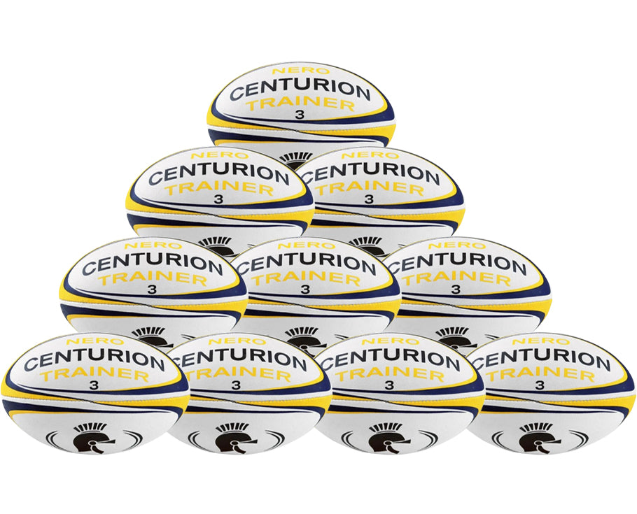 A pyramid stack of ten Centurion Nero Trainer Rugby Balls by Centurion, featuring blue, gold, and black accents, is arranged against a plain white background.