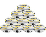 A pyramid stack of ten Centurion Nero Trainer Rugby Balls from Centurion showcases this durable training ball, featuring white with yellow and blue accents, a helmet logo, and "CENTURION TRAINER" label.