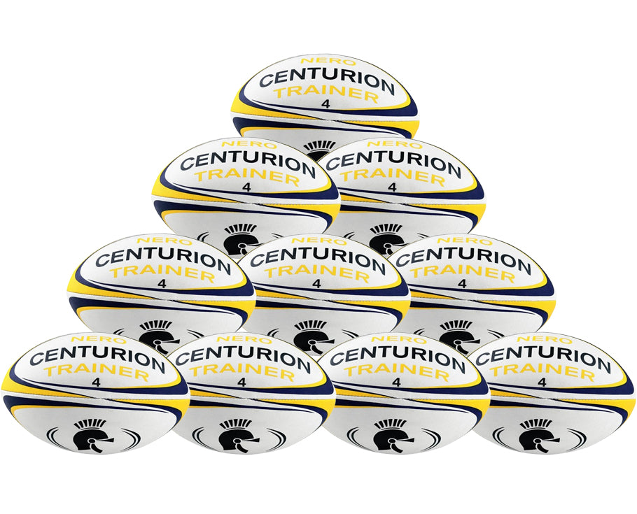 A pyramid stack of ten Centurion Nero Trainer Rugby Balls from Centurion showcases this durable training ball, featuring white with yellow and blue accents, a helmet logo, and "CENTURION TRAINER" label.