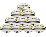The Centurion Nero Trainer Rugby Ball - Ten Pack features ten durable white rugby balls with yellow and black stripes, CENTURION and NERO 5 labels, and a bold Spartan helmet logo—perfect for training sessions.