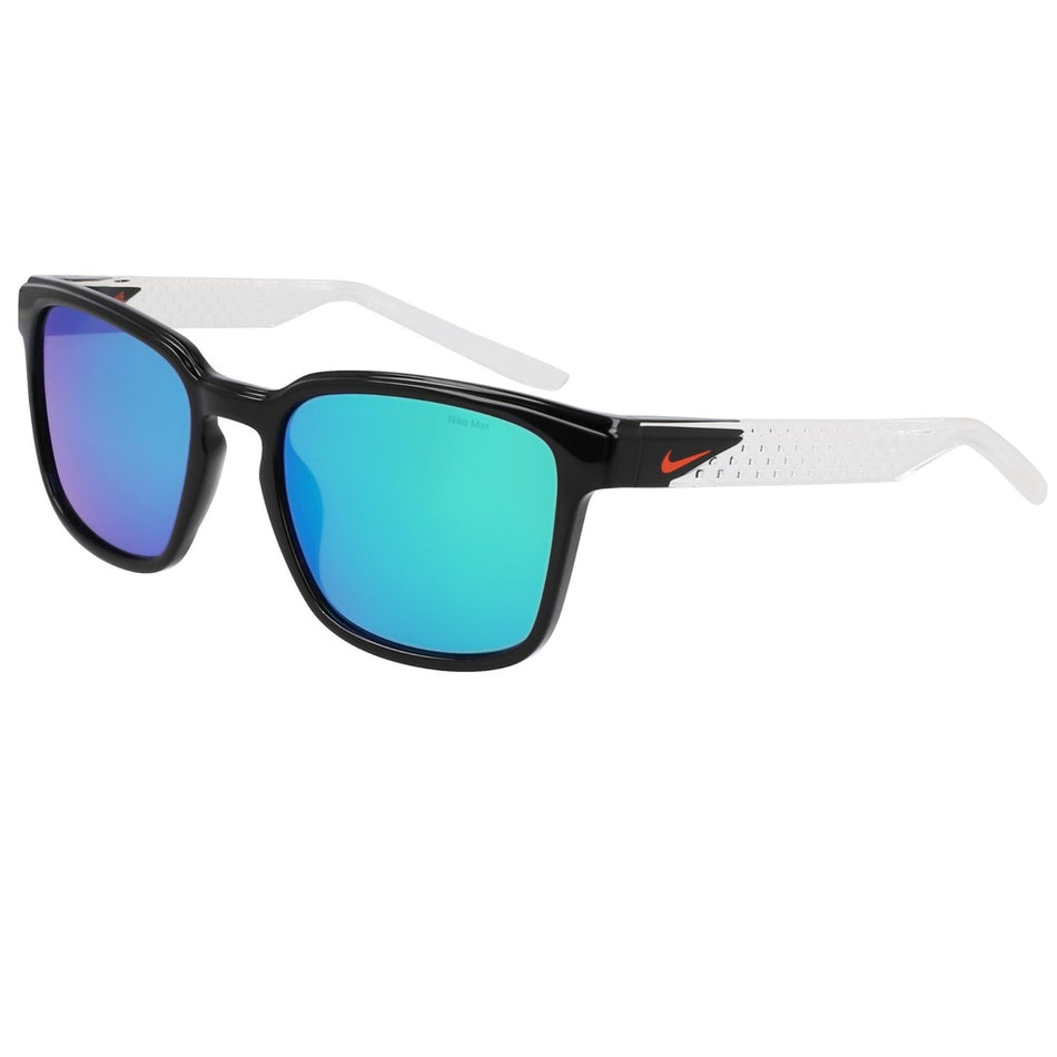 Nike Livefree Iconic Performance Glasses by Nike in Asheen Slate/Navy offer stylish frames, visible Nike logo detail, and essential UVA/UVB protection for both performance and eye safety.