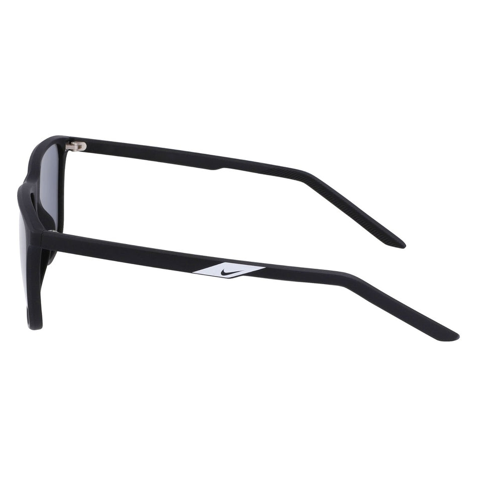 Side view of black rectangular Nike State Performance Glasses featuring dark lenses, a white Nike logo on the arm, and a durable frame, shown on a white background for a classic Nike look.