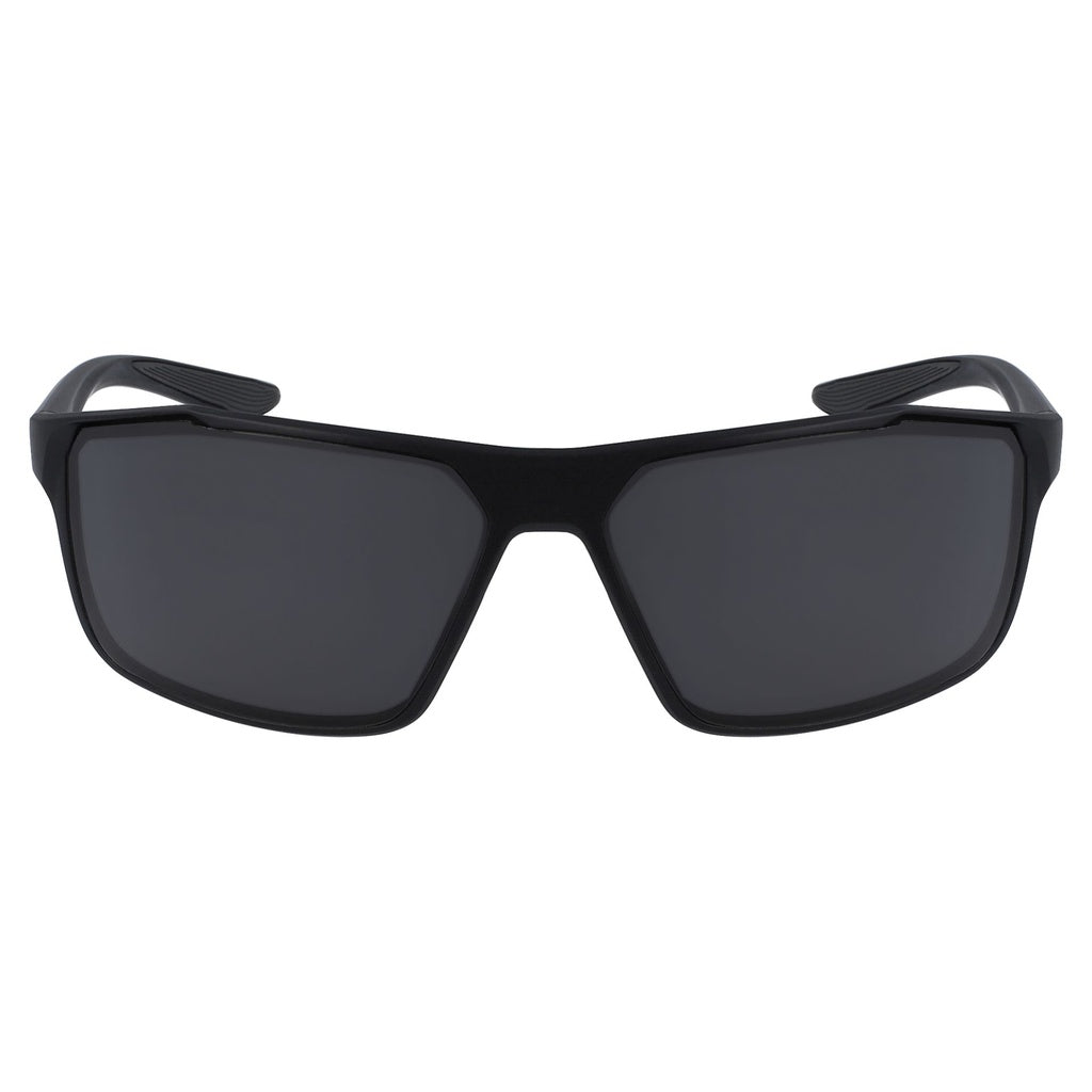 The Nike Windstorm Performance Glasses by Nike are black rectangular sport sunglasses with dark lenses, offering maximum coverage, shown from the front on a white background.