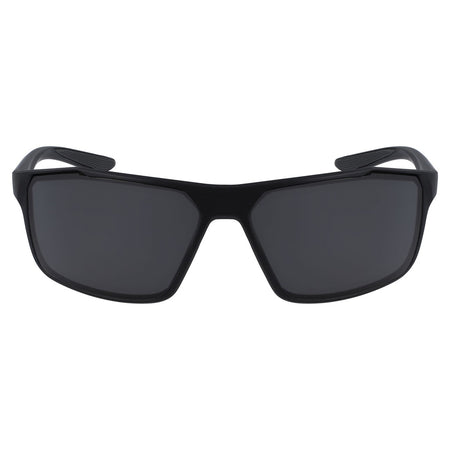 The Nike Windstorm Performance Glasses by Nike are black rectangular sport sunglasses with dark lenses, offering maximum coverage, shown from the front on a white background.