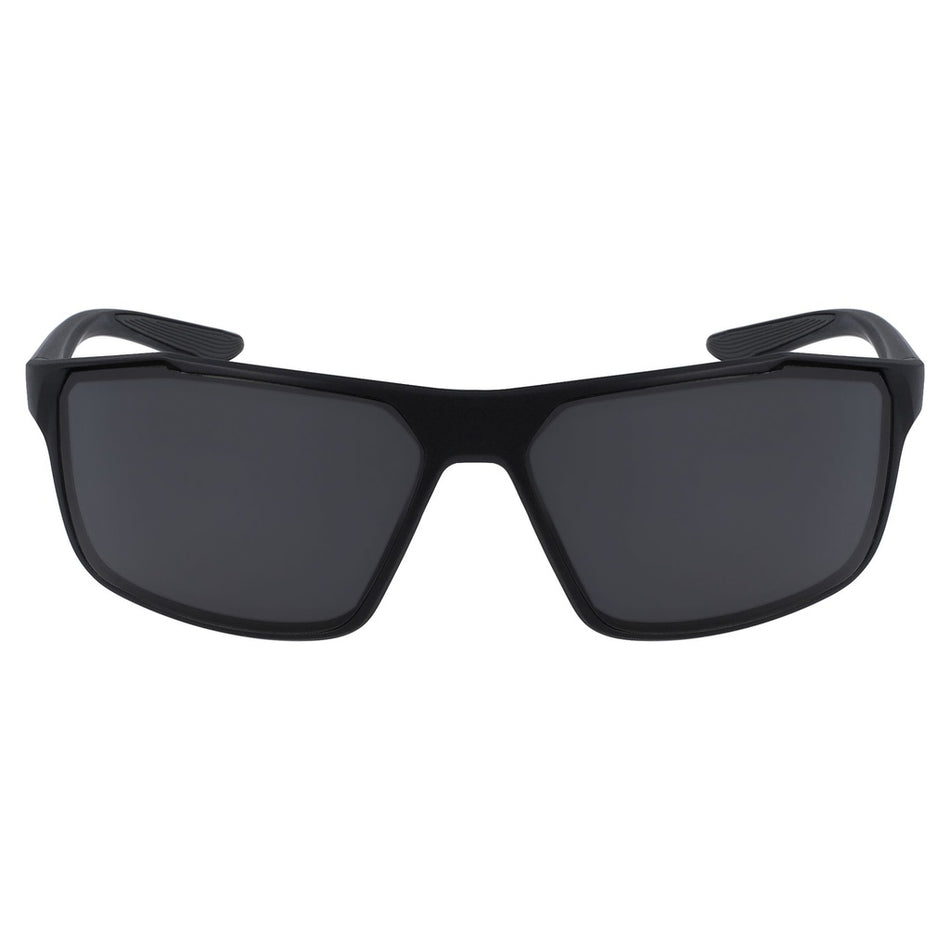 The Nike Windstorm Performance Glasses by Nike are black rectangular sport sunglasses with dark lenses, offering maximum coverage, shown from the front on a white background.