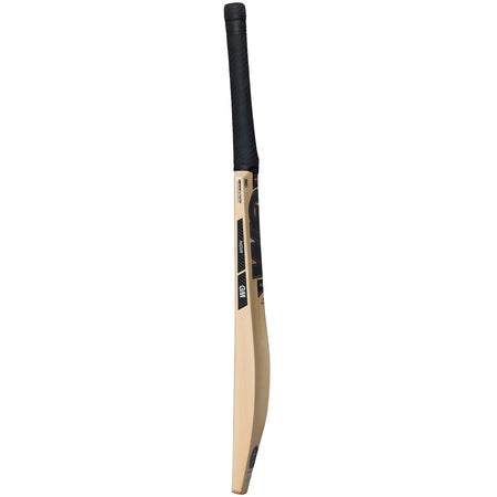 The Gunn & Moore Noir DXM Senior Cricket Bat 2026 stands upright at an angle, featuring a black handle grip and branded labels on its smooth, polished English Willow surface.