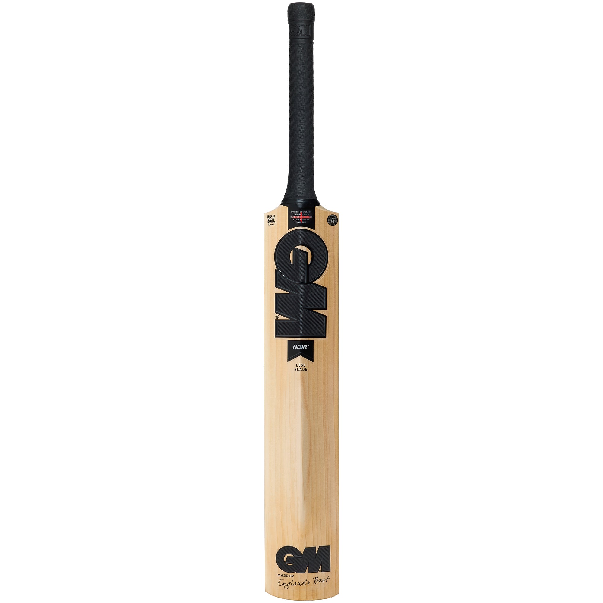 The Gunn & Moore Noir DXM Senior Cricket Bat 2026, crafted from premium English Willow, features a black handle and black GM logo on the front, standing upright against a white background for a stylish and high-performance look.