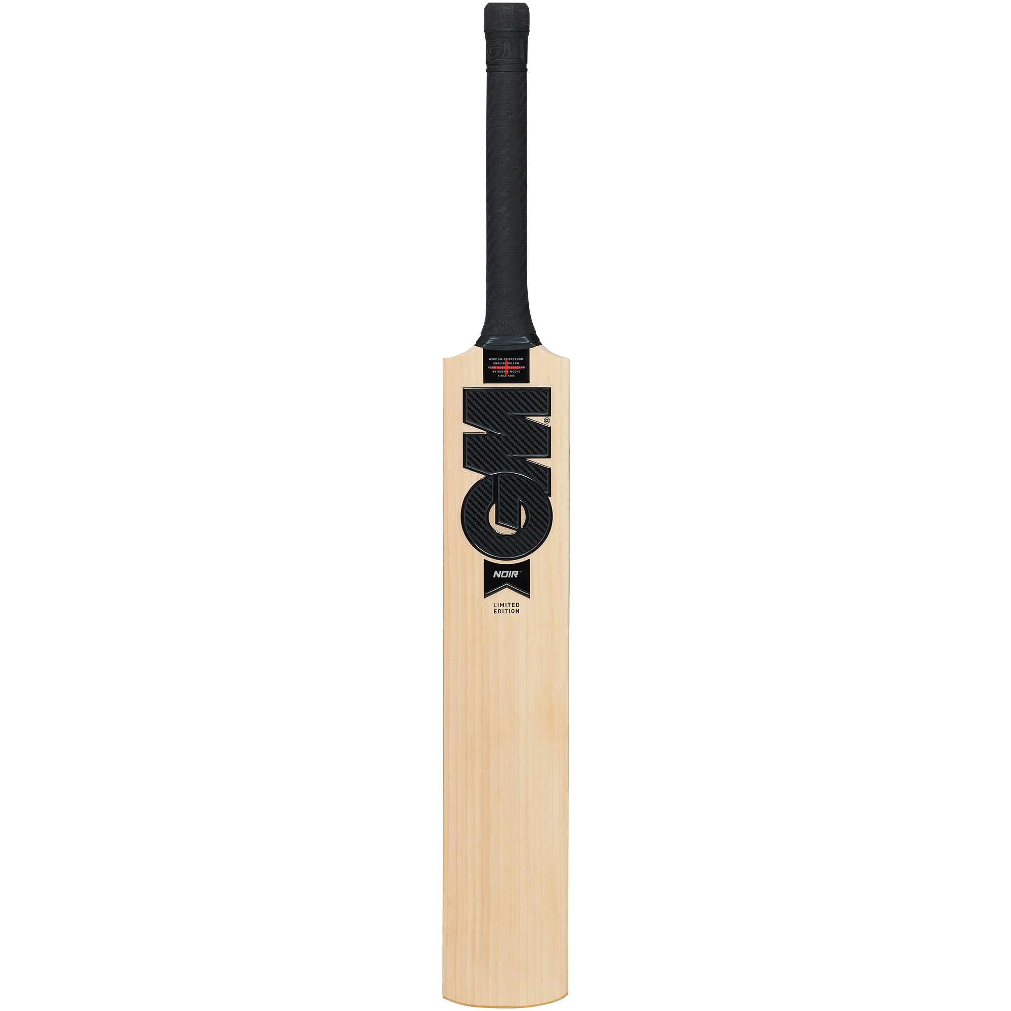 The Gunn & Moore Noir DXM Senior Cricket Bat 2026 stands upright against a plain white background, featuring a sleek black handle and bold GM branding on the clean English Willow blade.
