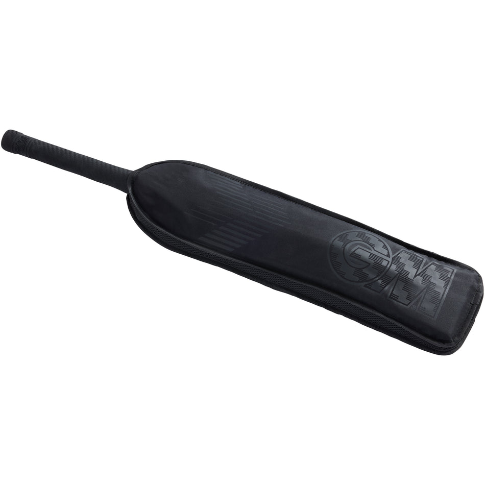 The Gunn & Moore Half Bat Cover 2026 is a water-resistant, GM-branded zippered cover offering excellent protection for your bat, shown here enclosing a black cricket bat with a textured handle against a white background.