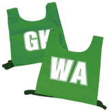 A set of two green nylon Netball Printed Bibs by Martin Berrill Sports, each with large white initials: one reads GK, the other WA.