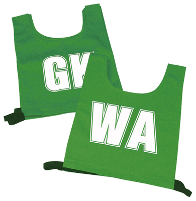 A set of two green nylon Netball Printed Bibs by Martin Berrill Sports, each with large white initials: one reads GK, the other WA.