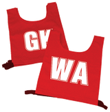The Martin Berrill Sports Nylon Netball Printed Bib Set features two red bibs with large GK and WA letters, each with black side straps, displayed on a light background.