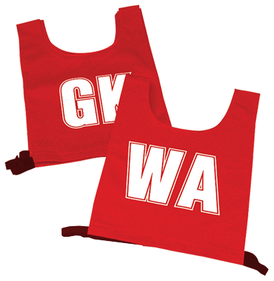 The Martin Berrill Sports Nylon Netball Printed Bib Set features two red bibs with large GK and WA letters, each with black side straps, displayed on a light background.