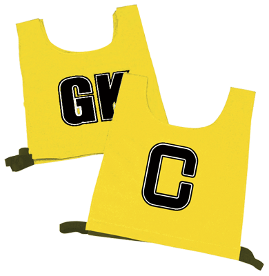 The Martin Berrill Sports Nylon Netball Printed Bib Set includes two yellow nylon bibs—one marked GK, the other C—each with bold black letters and convenient black straps at the bottom.