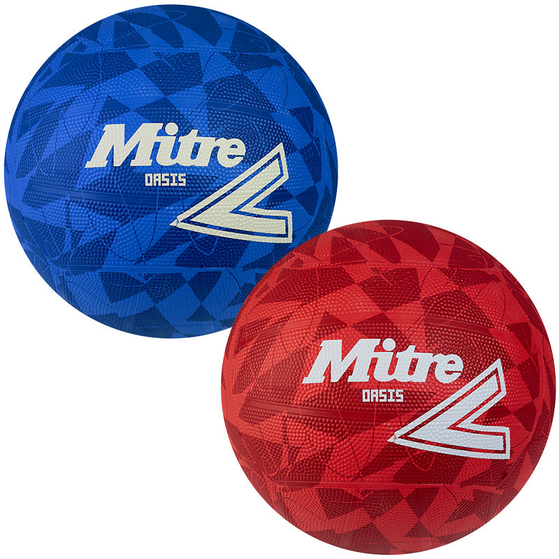 Two Mitre Oasis Training Netballs, one blue and one red, each featuring a geometric pattern and Mitre Oasis branding beside a bold L logo—ideal as durable, budget-friendly training netball options from trusted brand Mitre.