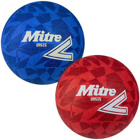 Two Mitre Oasis Training Netballs, one blue and one red, each featuring a geometric pattern and Mitre Oasis branding beside a bold L logo—ideal as durable, budget-friendly training netball options from trusted brand Mitre.