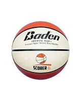 A Baden Scorer Rubber Replica Basketball by Baden Sports is shown against a white background; this durable basketball features white and orange panels with “Baden” and “Scorer 6” printed on it, making it ideal for school use.